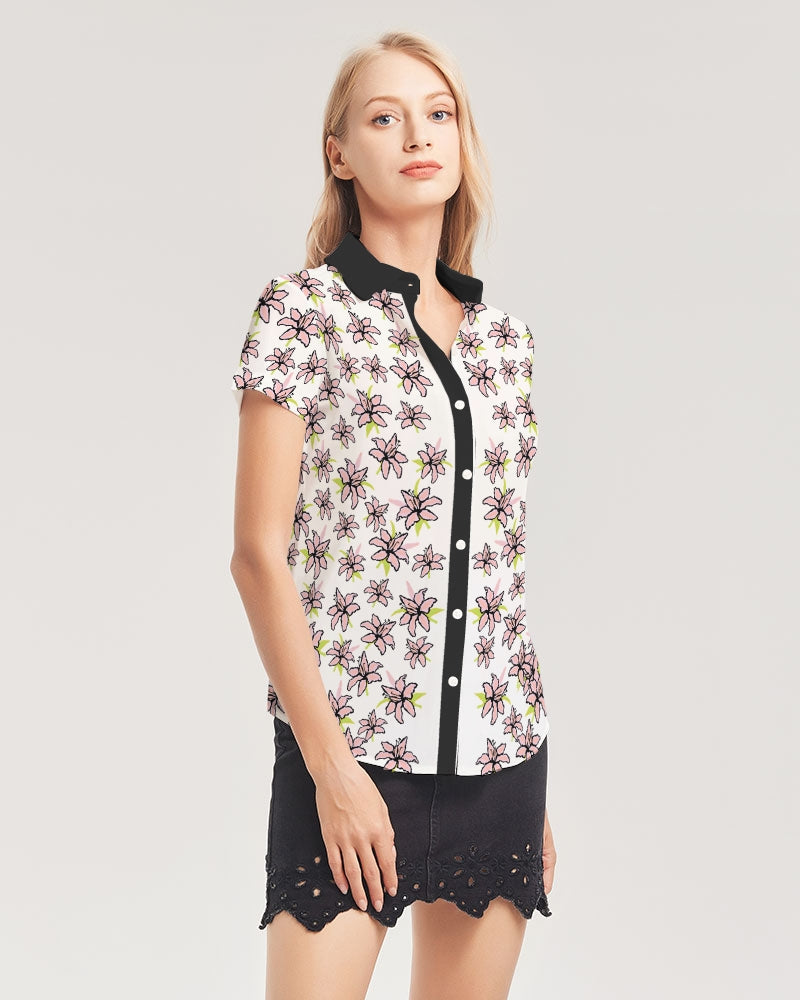 Lilly Floral Woman Short Sleeve Button Up Shirt Women's All-Over Print Short Sleeve Button Up