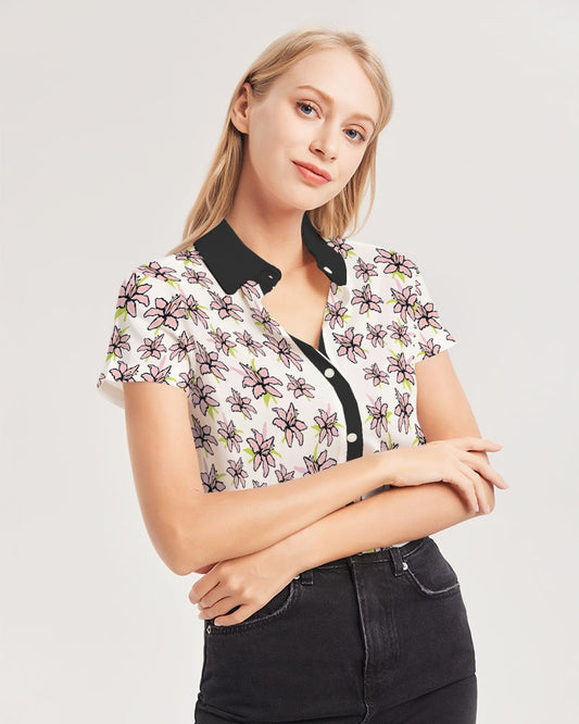 Lilly Floral Woman Short Sleeve Button Up Shirt Women's All-Over Print Short Sleeve Button Up