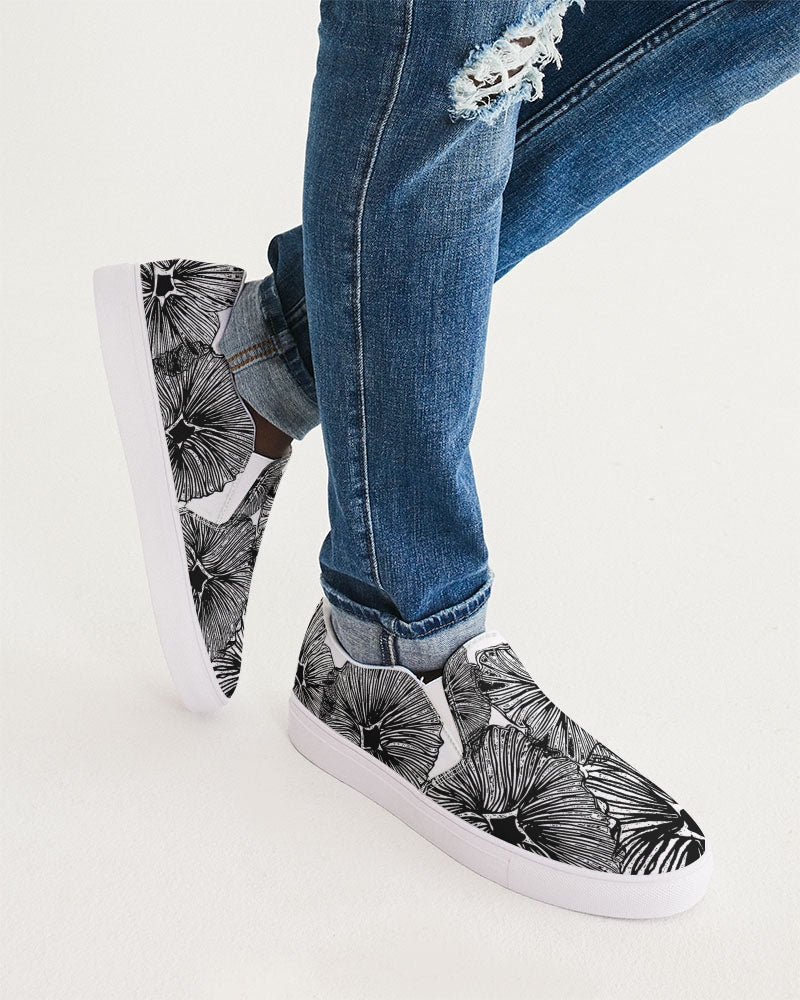 Men's Slip-On Shoes - Black and White Floral Print