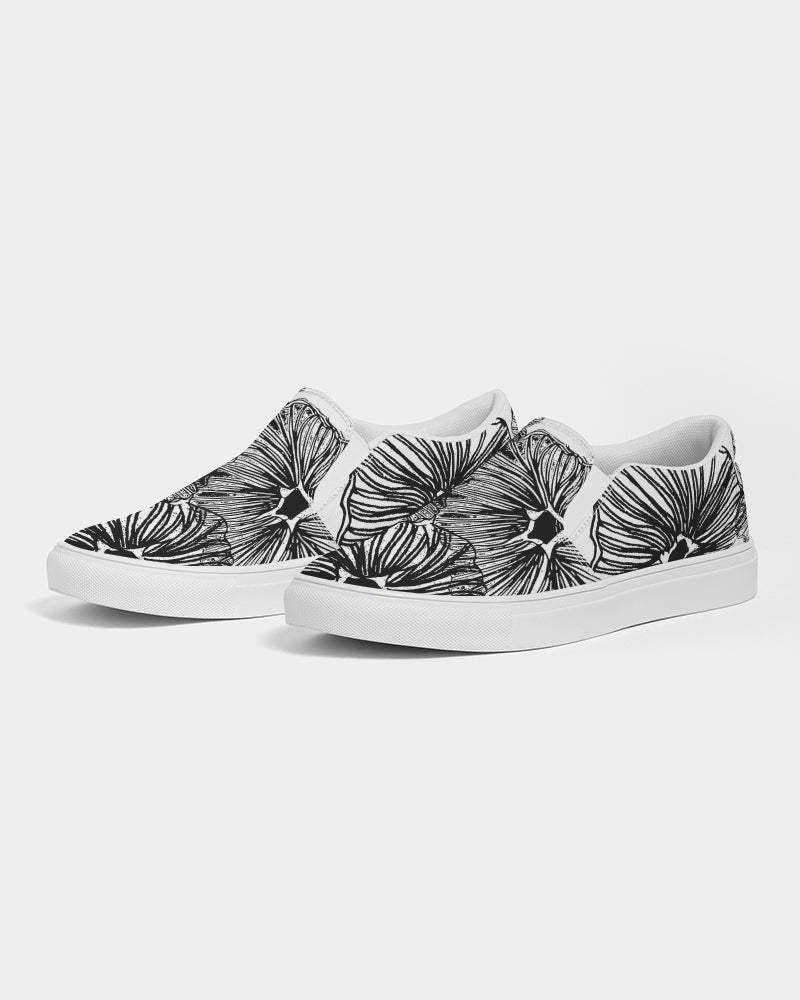 Men's Slip-On Shoes - Black and White Floral Print