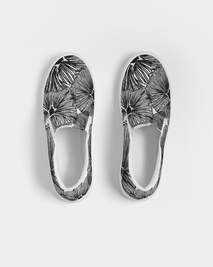 Men's Slip-On Shoes - Black and White Floral Print