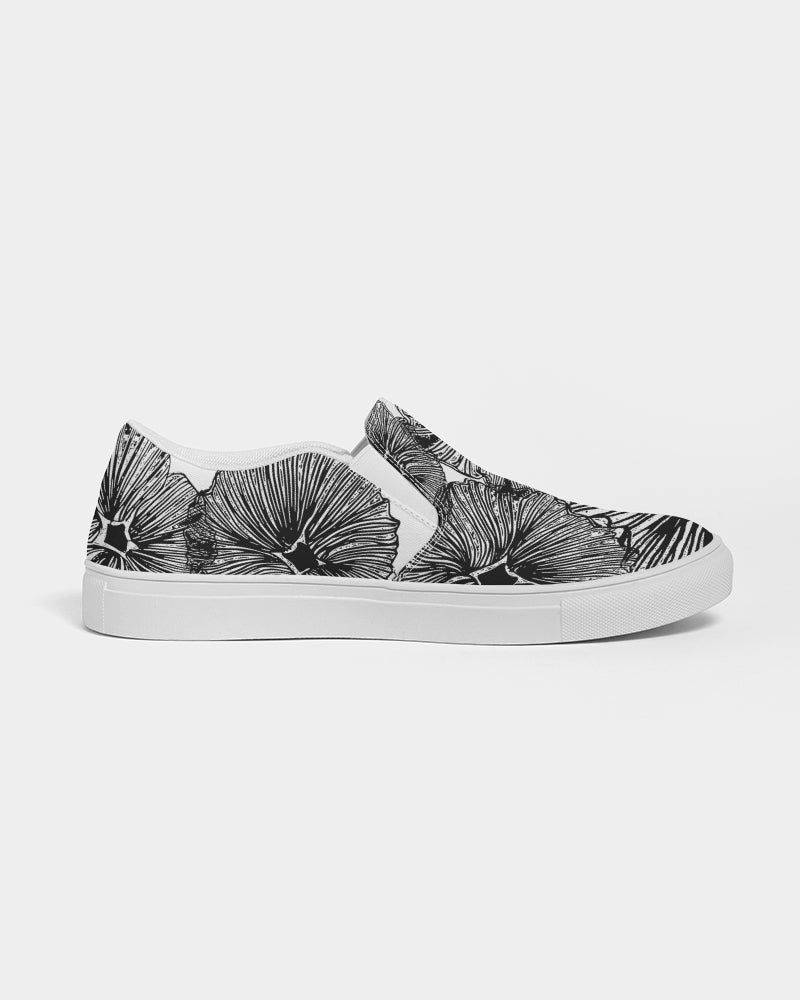 Men's Slip-On Shoes - Black and White Floral Print