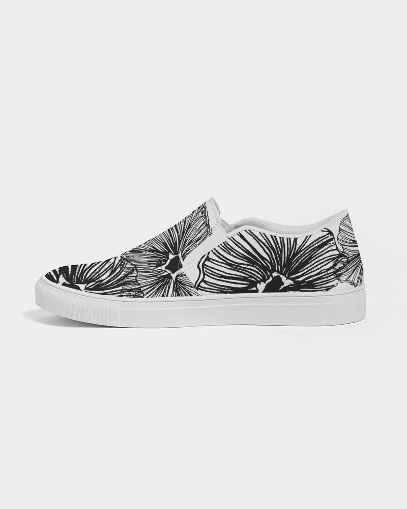 Men's Slip-On Shoes - Black and White Floral Print