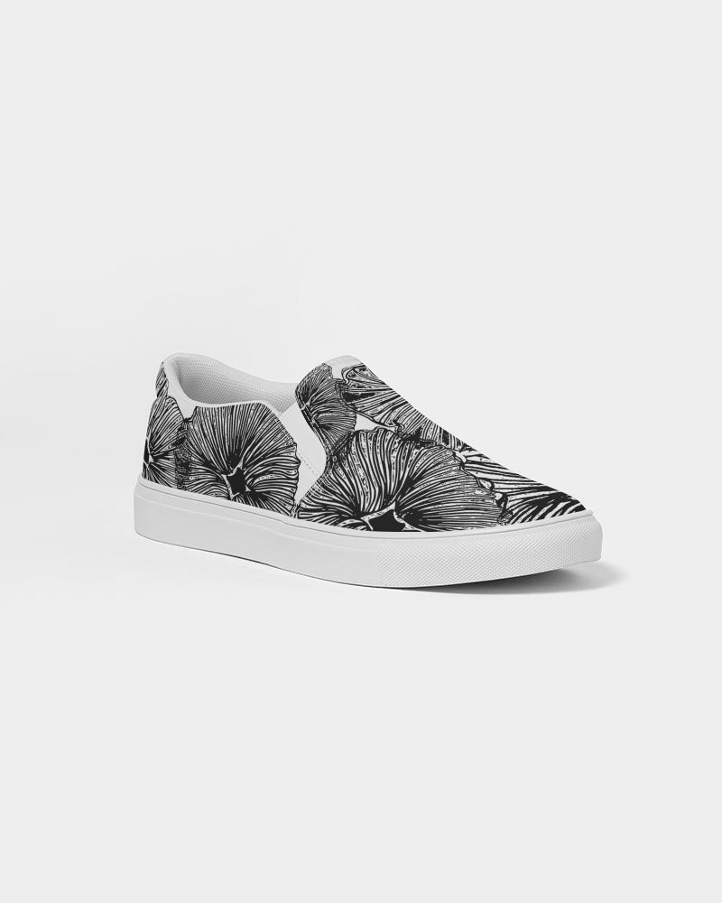 Men's Slip-On Shoes - Black and White Floral Print