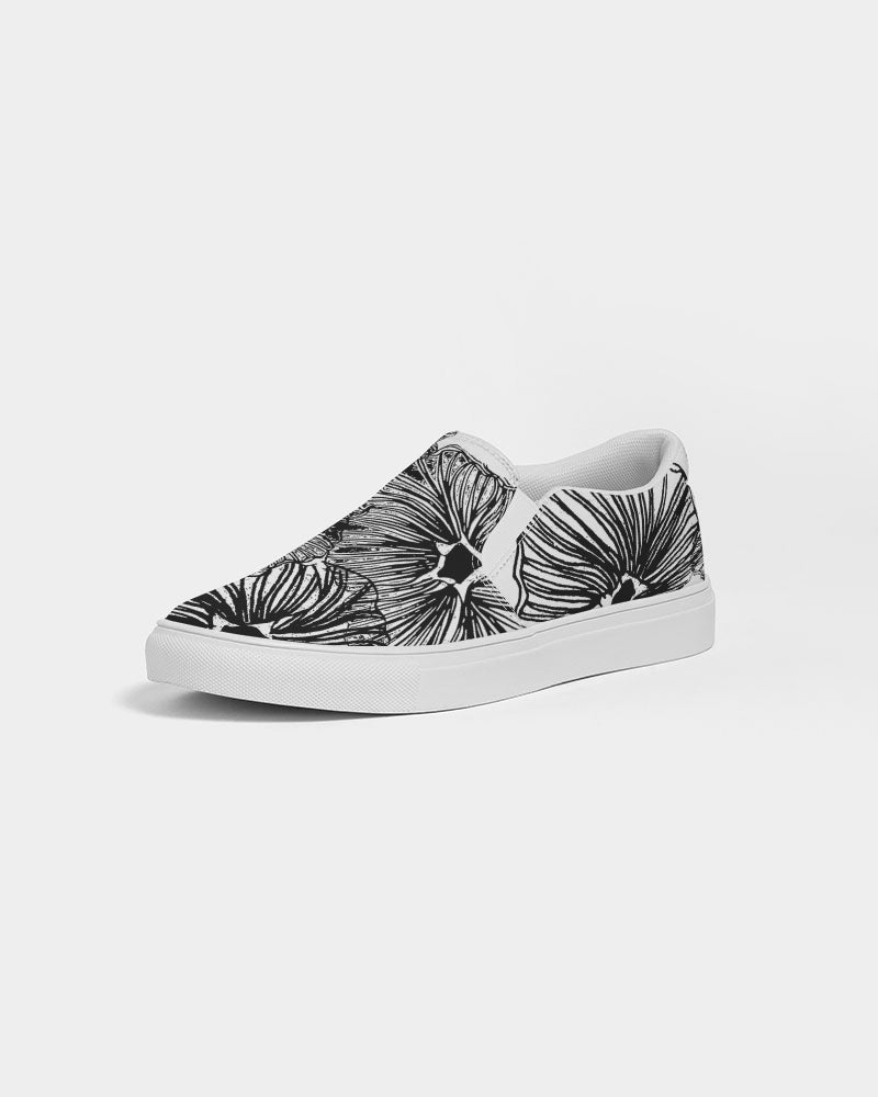 Men's Slip-On Shoes - Black and White Floral Print