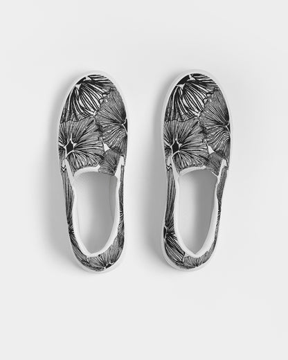 Women's Slip-On Shoes - Black and White Floral Print