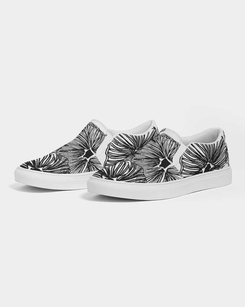 Women's Slip-On Shoes - Black and White Floral Print