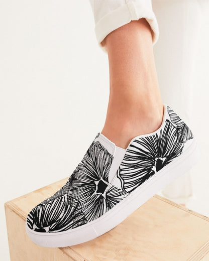 Women's Slip-On Shoes - Black and White Floral Print