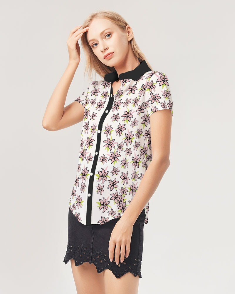 Lilly Floral Woman Short Sleeve Button Up Shirt Women's All-Over Print Short Sleeve Button Up