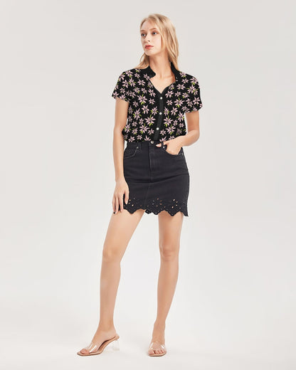 Black Lilly Women's Short Sleeve Button Up Shirt Women's All-Over Print Short Sleeve Button Up