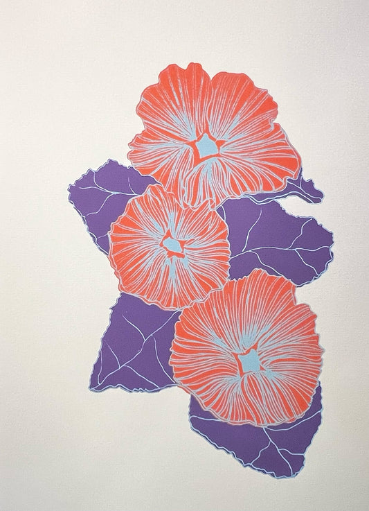 Purple Orange Hollyhocks Flower Design Screen Printed